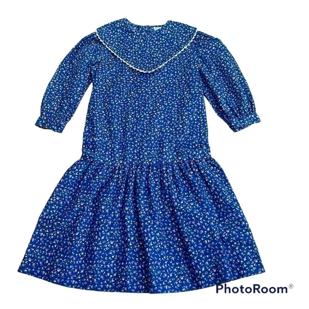 Vintage Kate Greenaway Floral Prairie Dress Sz 7 Blue Bib Collar Long Sleeve